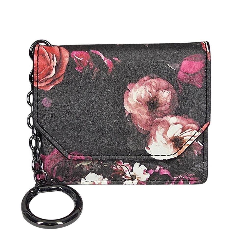 NATURALIZER FLORAL MINI WALLET CARDHOLDER & MIRROR– BLACK W/ PINK FLOWERS
